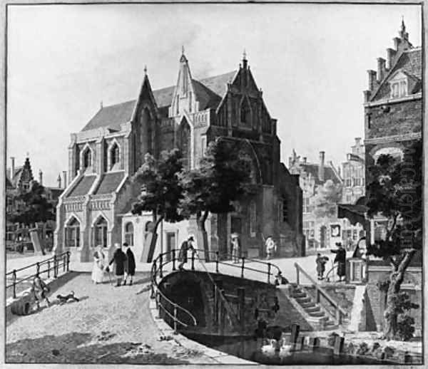 Figures near a Gothic Church in a Town - view 1