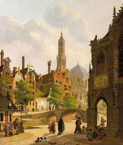 Figures by a church in a town, a canal beyond