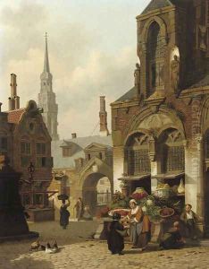 A market stall in a sunlit street by Jan Hendrik Verheyen