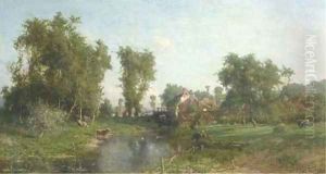 Summer landscape with cows grazing by a watermill by Isidore Verheyden