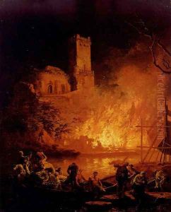 A River Landscape With Figures Fleeing A Burning City by Pierre-Jacques Volaire