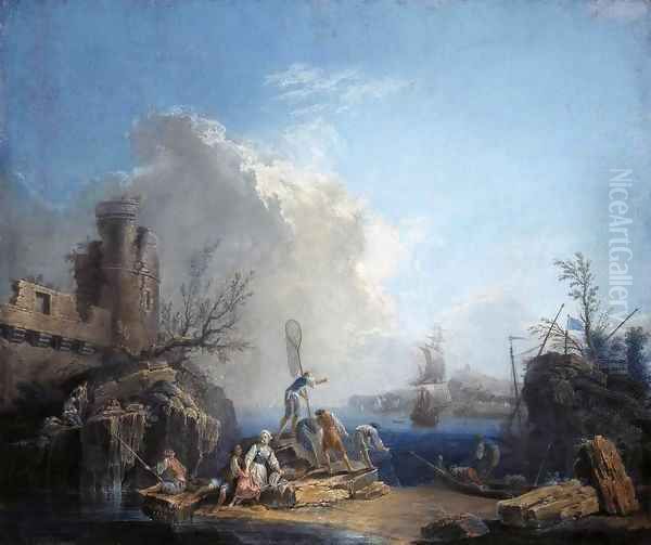 Seascape with Fisherman on a Rocky Shore - view 1