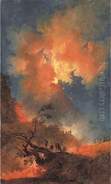 Vesuvius erupting at night seen from the foothills, with elegant onlookers, a view of the Bay of Naples beyond - view 1