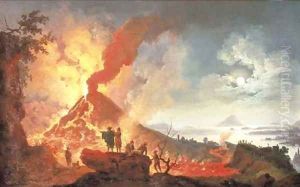 Vesuvius erupting at night with onlookers, the bay of Naples beyond by Pierre-Jacques Volaire