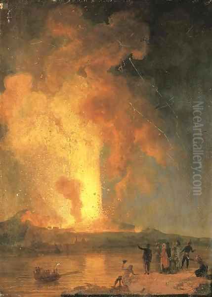 Vesuvius erupting at night with spectators in the foreground - view 1
