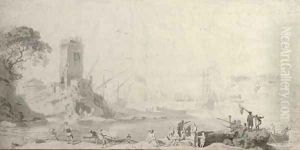 View of a harbour with fishermen hauling up nets, and a watchtower on a promontory by Pierre-Jacques Volaire