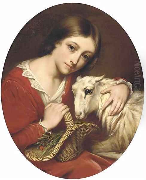 A young girl with a sheep - view 1