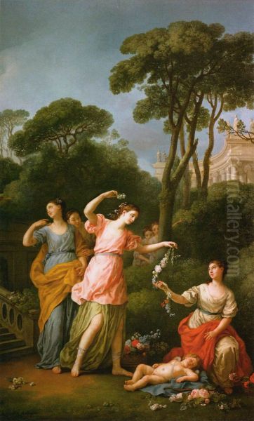 Young Greek Maidens Deck Sleeping Cupid With Flowers - view 1