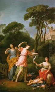Young Greek Maidens Deck Sleeping Cupid With Flowers by Joseph-Marie Vien