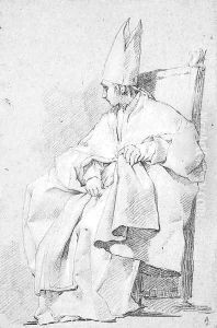 A seated figure dressed as a bishop in profile to the left