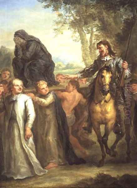 Don Quixote mistakes a statue of the Virgin Mary, being carried in procession, as a woman taken against her will, from Cervantes Don Quixote - view 1