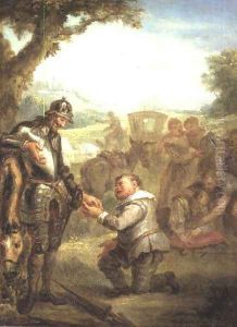 Don Quixote after the duel with the brave Biscayan, leans on his horse Rosinante, while Sancho Panchez asks for the governorship of the island of Barataria, scene from Cervantes Don Quixote by John Vanderbank
