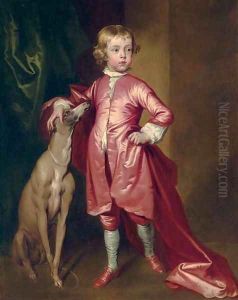 Portrait of a boy, full-length, in pink, with a greyhound, in an interior by John Vanderbank