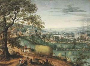 An extensive river landscape with peasants haymaking, a view of Arenberg Castle beyond
