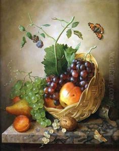A Basket of grapes and apples on a marble ledge by Willem Verbeet