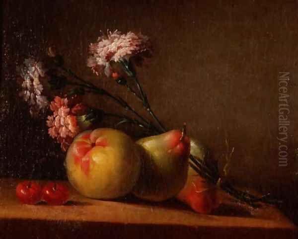 Carnations, pears, cherries and apple on a table - view 1