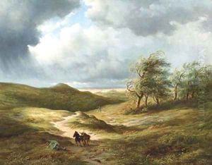 After the storm travellers on a path in an extensive undulating landscape by Hendrik-Dirk Kruseman van Elten