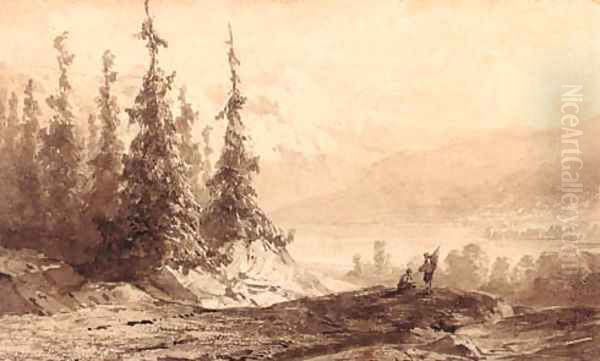 An alpine landscape with travellers overlooking a lake - view 1