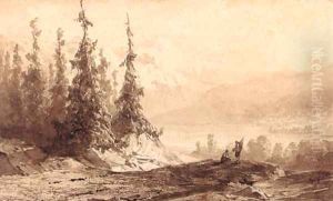 An alpine landscape with travellers overlooking a lake by Hendrik-Dirk Kruseman van Elten
