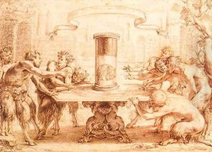 Eight Satyrs Admiring the Anamorphosis of an Elephant c. 1625 by Simon Vouet