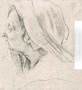 The head of an old woman, veiled, in profile to the right by Simon Vouet
