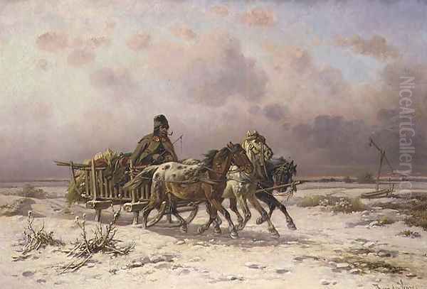 A peasant in a sledge driving three horses - view 1