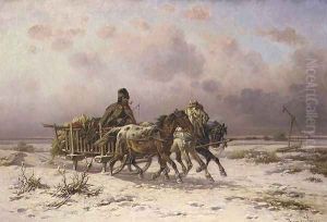 A peasant in a sledge driving three horses