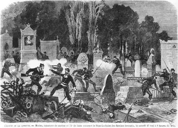 Agony of the Commune, last fights in the Cemetery of Pere Lachaise, engraved by Louis Joseph Amedee Daudenarde d.1907 illustration from Le Monde illustre, 27th May 1871 - view 1