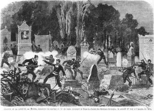 Agony of the Commune, last fights in the Cemetery of Pere Lachaise, engraved by Louis Joseph Amedee Daudenarde d.1907 illustration from Le Monde illustre, 27th May 1871 by Daniel Urrabieta Vierge