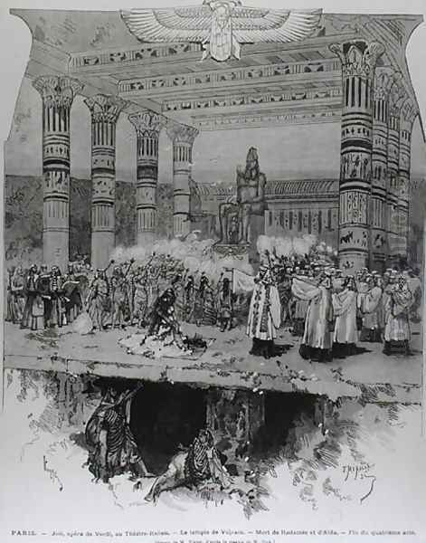 The Temple of Vulcan with the Death of Radames and Aida, scene from Act IV of Aida by Guiseppe Verdi 1813-1901 engraved by Fortune Louis Meaulle, 1871 - view 1