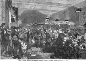 Interior of the Paris post office during the first week of January, the postmen room, engraved by Fortune Louis Meaulle 1844-1901 by Daniel Urrabieta Vierge