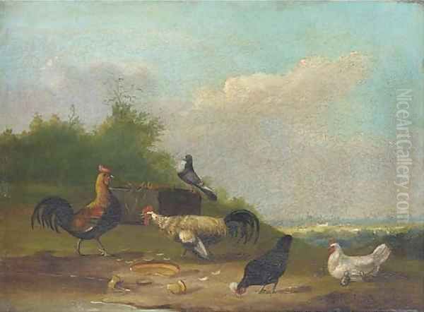 Hens and a pigeon in a landscape - view 1