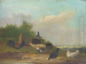 Hens and a pigeon in a landscape