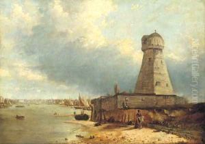 A view of Lowestoft lighthouse, with figures in the foreground and the Stanford Channel beyond
