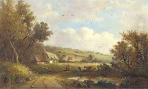 Cattle and figures before a cottage