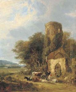 Figures and livestock by the ruins of St. Andrew's at Whitlingham by George Vincent
