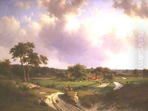 An extensive landscape with a farm and peasants on a path by Willem Vester
