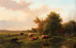 A Landscape With Cows On A Riverbank, A Farm Beyond by Willem Vester