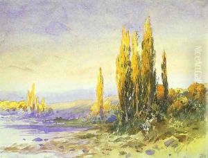 Lombardy Poplars on the Bank of a Lake, Evening