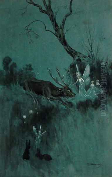 A stag brought low by shot from bow, long dying, his last moments soothed by nature's softest mood - view 1