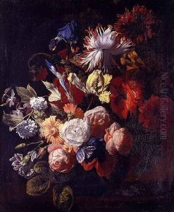 Still Life Of Irises, Poppies, Roses, Tulips, Peonies, Snowballs And Other Flowers In A Vase On A Stone Ledge by Simon Pietersz. Verelst