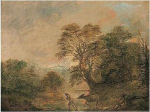 Landscape With A Rustic Leading A Donkey Across A Stream At Dusk