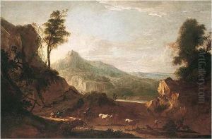 A Mountainous Landscape With Rustics In The Foreground