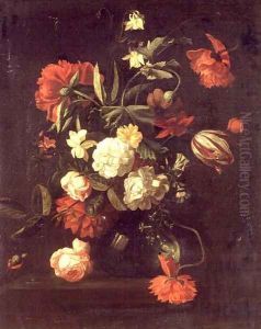 Roses, tulips, peonies and other flowers in a vase by Simon Pietersz. Verelst