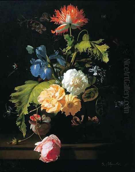 Roses, irises, poppies and other flowers in a glass vase on a ledge - view 1