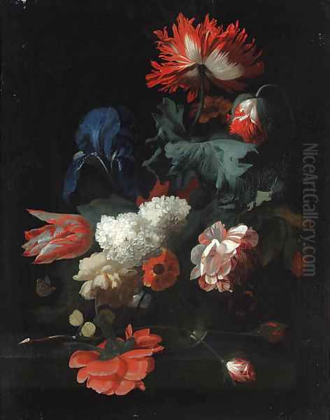 Tulips, poppies, lilac, an iris and other flowers in a vase, with two butterflies, on a stone ledge - view 1