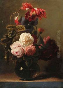 Roses and peonies in a glass vase on a ledge by Simon Pietersz. Verelst