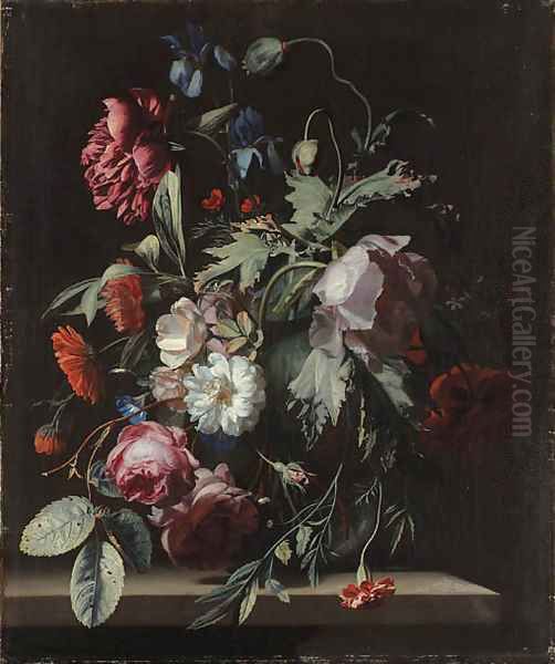 Roses, irises, poppies, a paeony, morning glory, carnations and other flowers in a vase, on a stone table - view 1