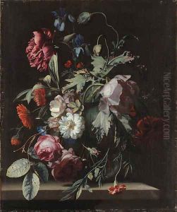 Roses, irises, poppies, a paeony, morning glory, carnations and other flowers in a vase, on a stone table by Simon Pietersz. Verelst