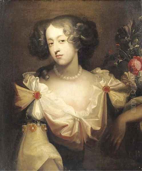 Portrait of Mary of Modena, Duchess of York, quarter-length, in a pink dress with white sleeves, flowers by her side - view 1
